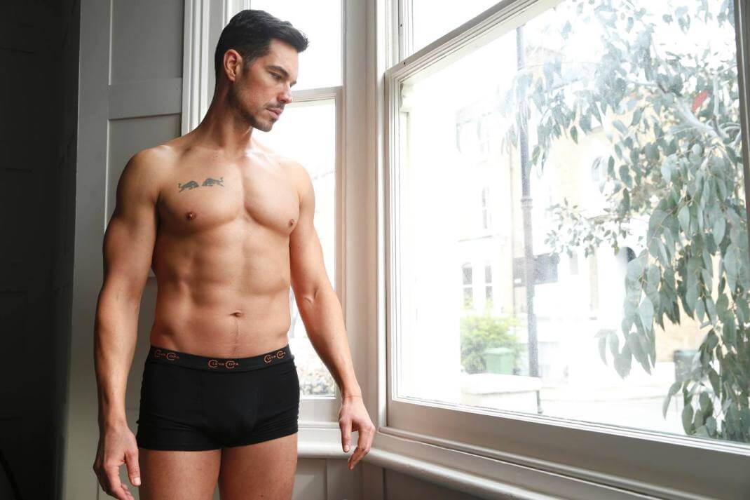 Men standing near window in boxer short